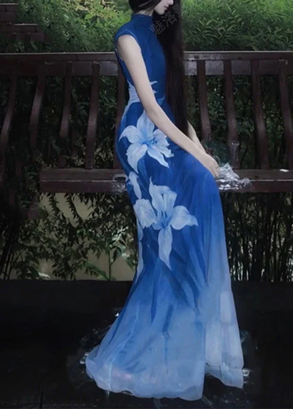 Sexy Blue O-Neck Print Tulle Maxi Dresses Sleeveless - Image 4