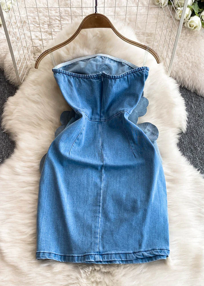 Sexy Blue Slash Neck Floral Denim Mid Dresses Summer - Image 2
