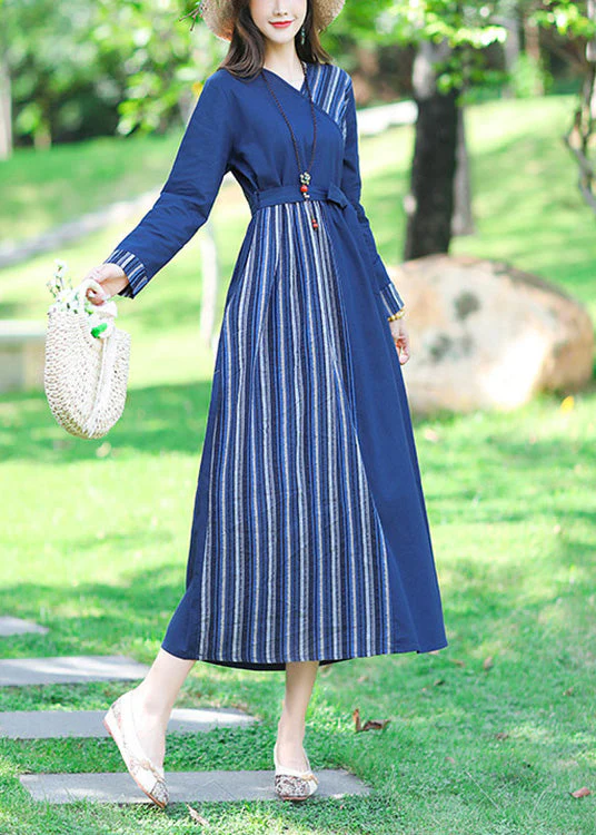Sexy Blue V Neck Striped Patchwork Linen Long Dress Spring - Image 2