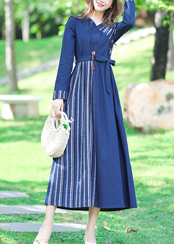 Sexy Blue V Neck Striped Patchwork Linen Long Dress Spring - Image 3