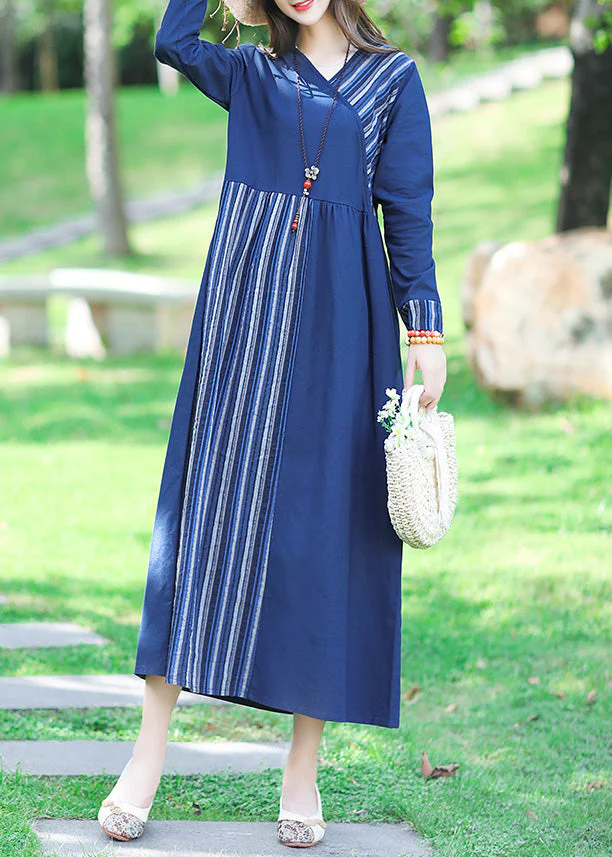 Sexy Blue V Neck Striped Patchwork Linen Long Dress Spring - Image 4