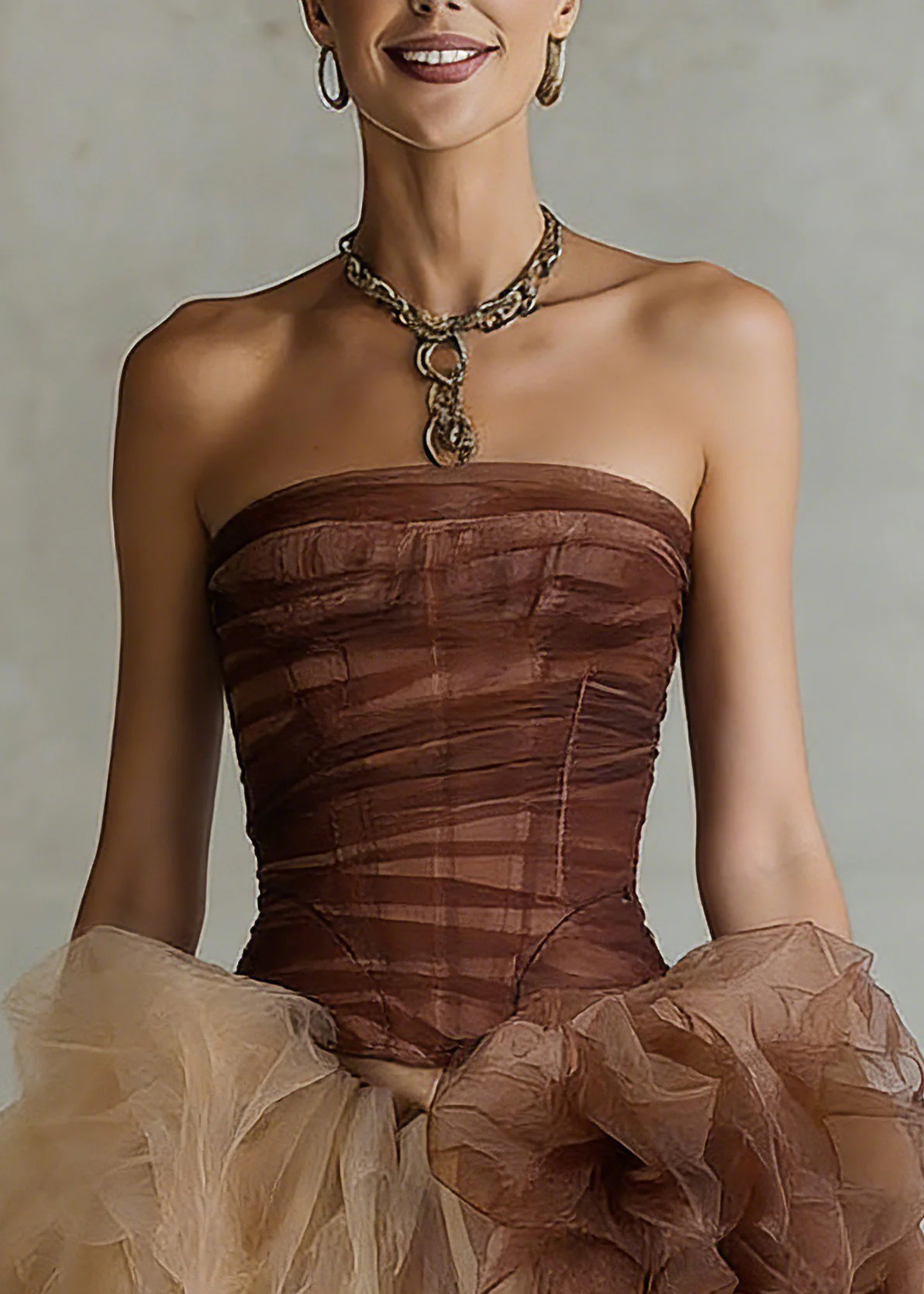 Sexy Brown Cold Shoulder Tulle Patchwork Top And Skirts Two Pieces Set Sleeveless - Image 2