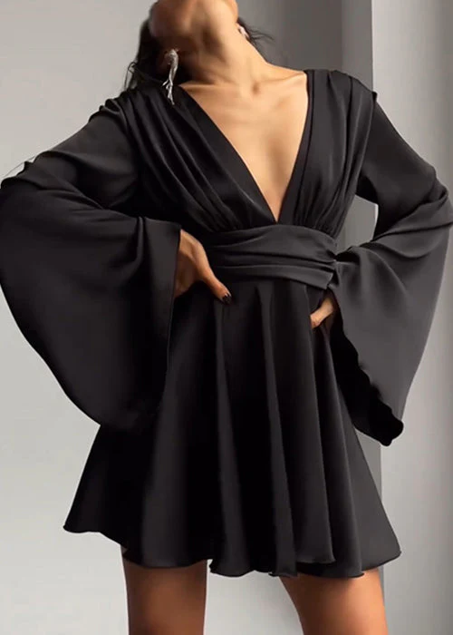 Sexy Brown V Neck High Waist Silk Mini Dresses Flare Sleeve - Image 2