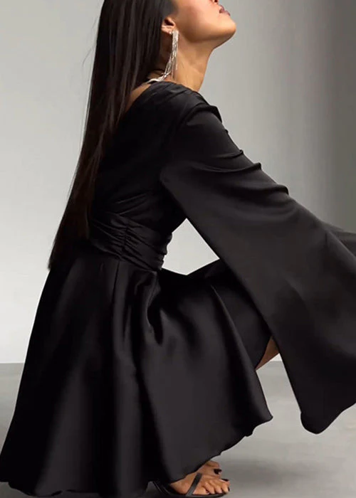 Sexy Brown V Neck High Waist Silk Mini Dresses Flare Sleeve - Image 4