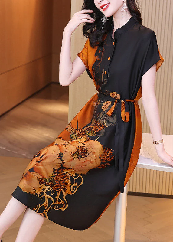 Sexy Casual O-Neck Print Button Tie Waist Silk Maxi Dresses Short Sleeve - Image 2