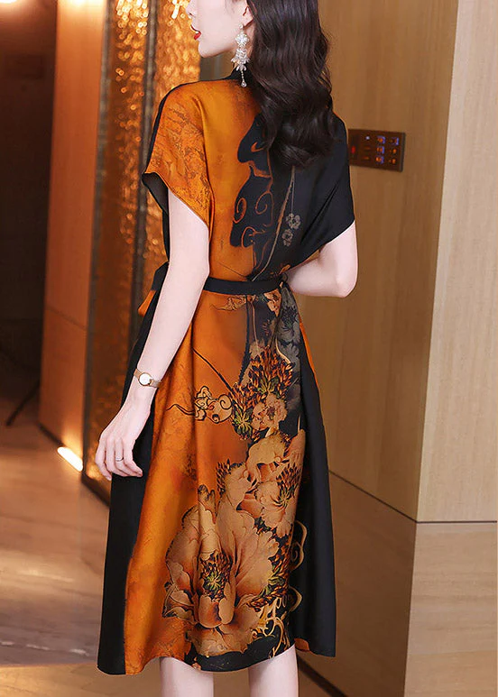 Sexy Casual O-Neck Print Button Tie Waist Silk Maxi Dresses Short Sleeve - Image 4