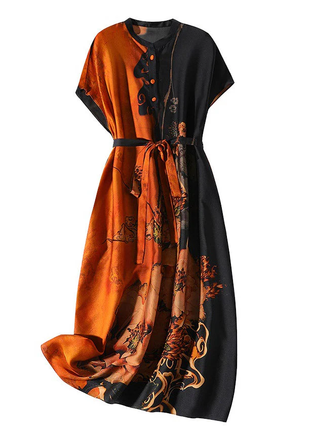 Sexy Casual O-Neck Print Button Tie Waist Silk Maxi Dresses Short Sleeve - Image 5