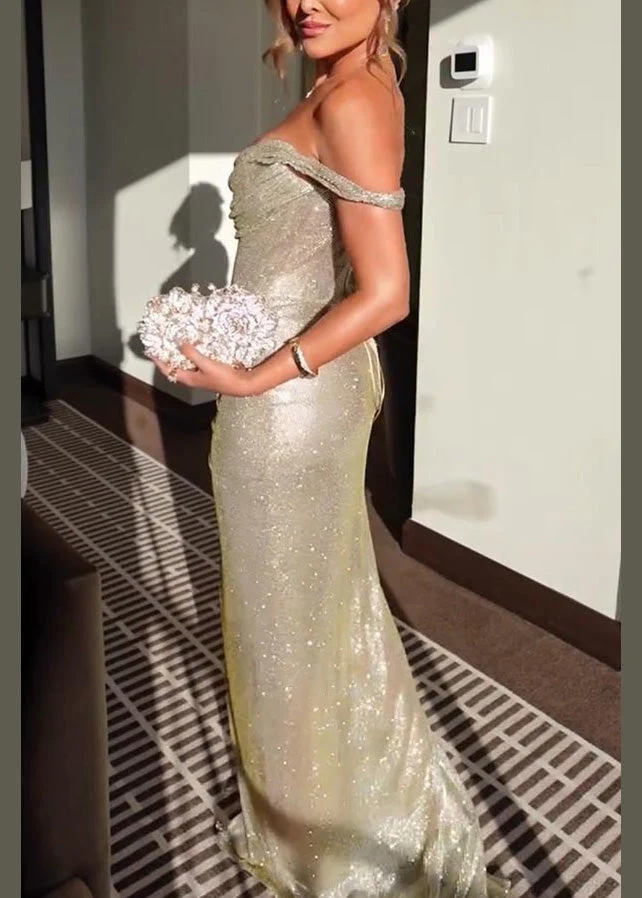Sexy Champagne Off Shoulder Strapless Side Open Long Dress - Image 5