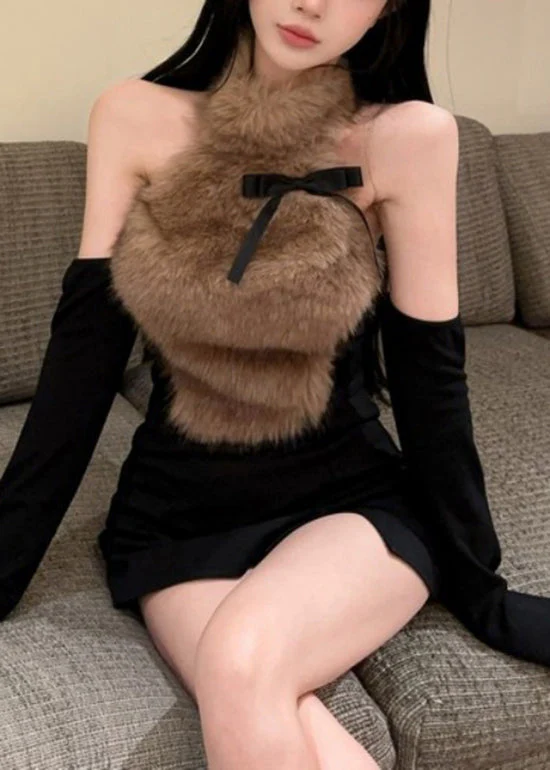 Sexy Coffee Bow Fur Hanging Neck Off Shoulder Short Top - Image 2