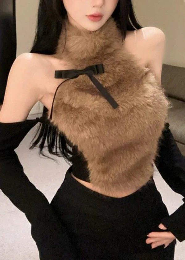 Sexy Coffee Bow Fur Hanging Neck Off Shoulder Short Top - Image 4
