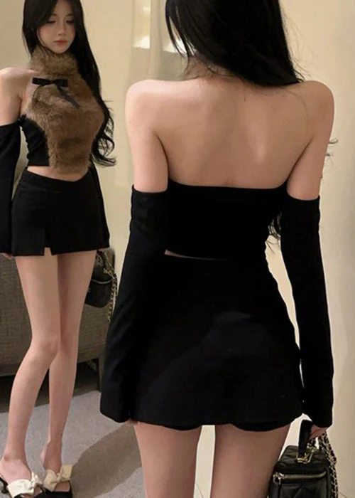 Sexy Coffee Bow Fur Hanging Neck Off Shoulder Short Top - Image 5