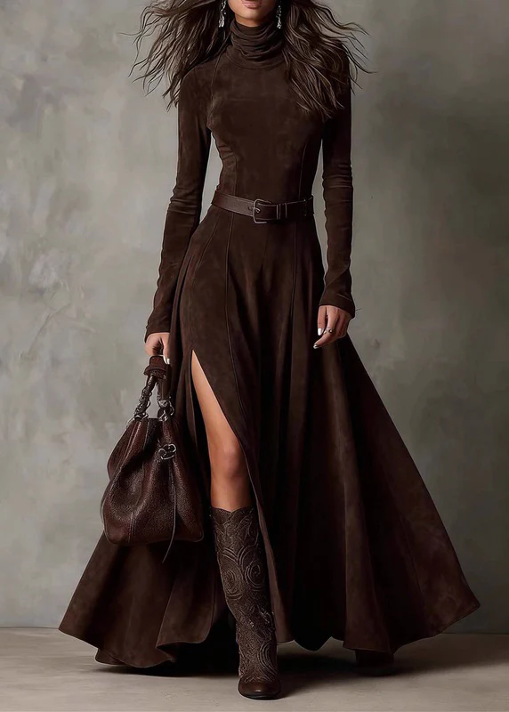 Sexy Coffee Patchwork Sashes Side Open Maxi Dresses Spring