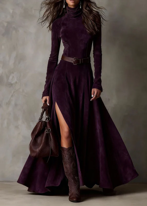 Sexy Coffee Patchwork Sashes Side Open Maxi Dresses Spring - Image 2