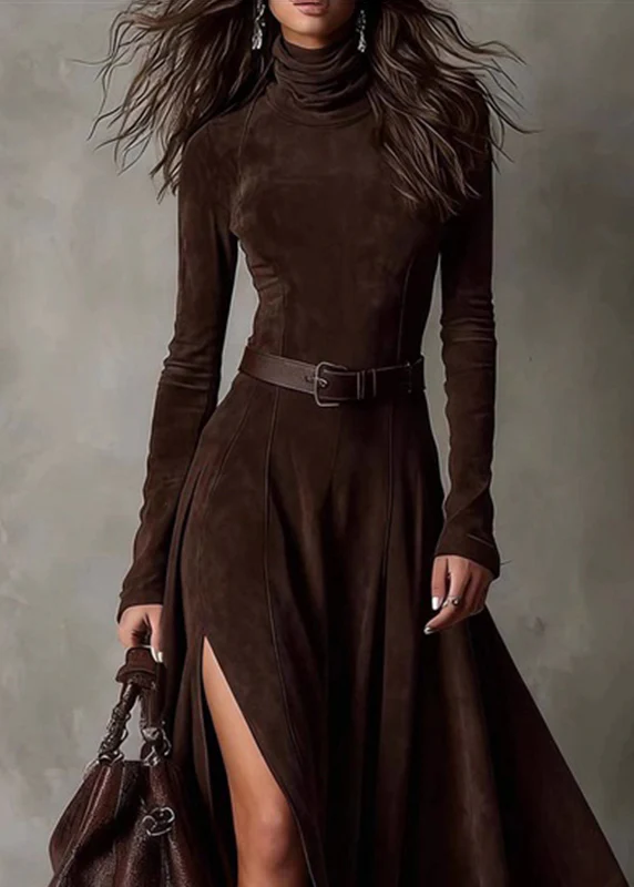 Sexy Coffee Patchwork Sashes Side Open Maxi Dresses Spring - Image 3