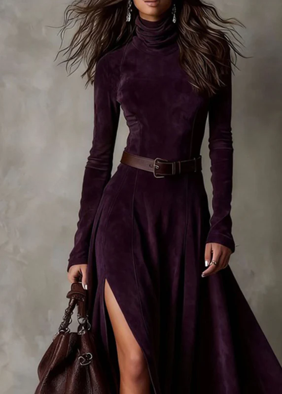 Sexy Coffee Patchwork Sashes Side Open Maxi Dresses Spring - Image 4