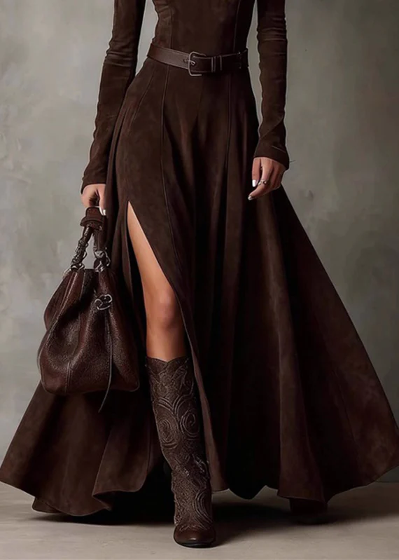 Sexy Coffee Patchwork Sashes Side Open Maxi Dresses Spring - Image 5