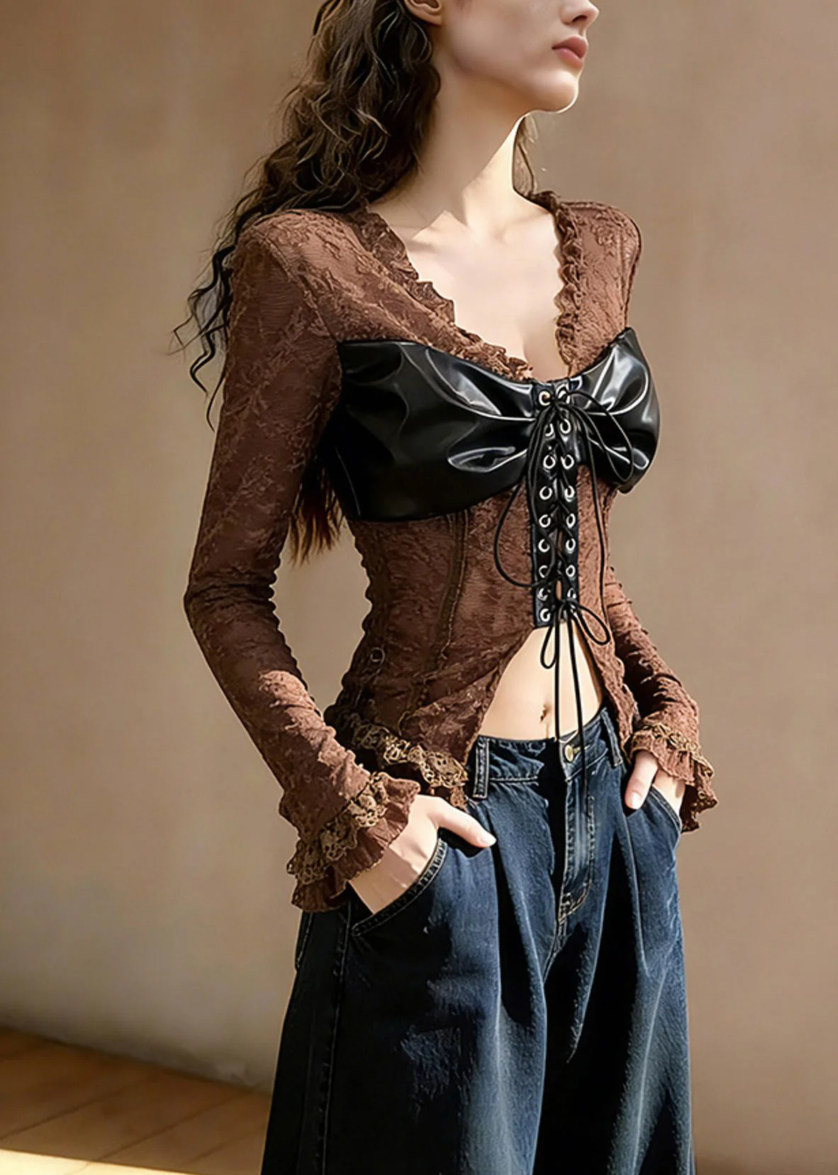 Sexy Coffee Ruffled Lace Up Patchwork Lace T Shirt Tops Spring