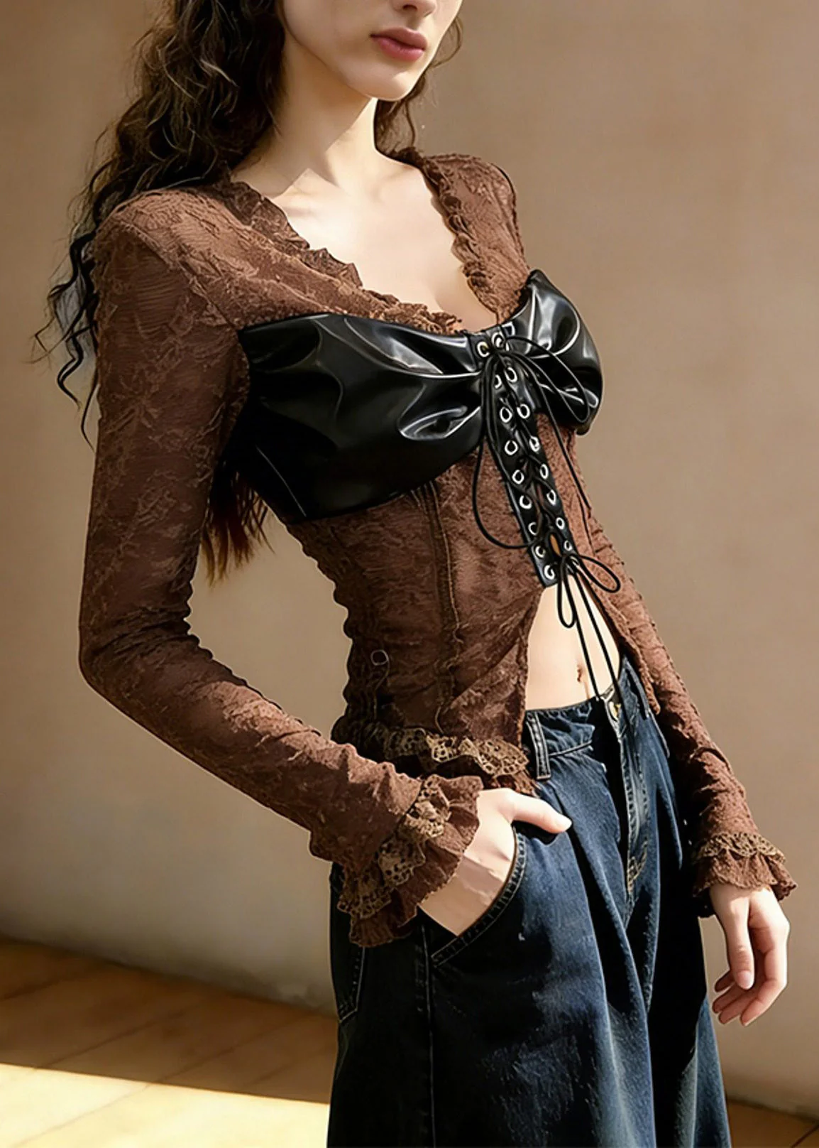 Sexy Coffee Ruffled Lace Up Patchwork Lace T Shirt Tops Spring - Image 3