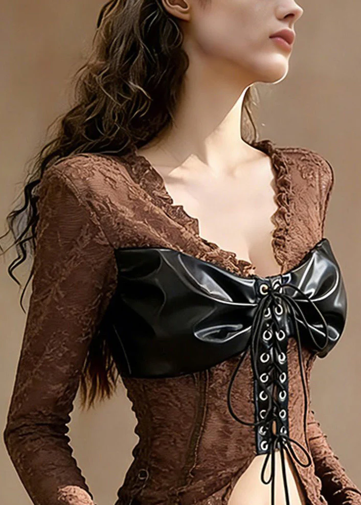 Sexy Coffee Ruffled Lace Up Patchwork Lace T Shirt Tops Spring - Image 5