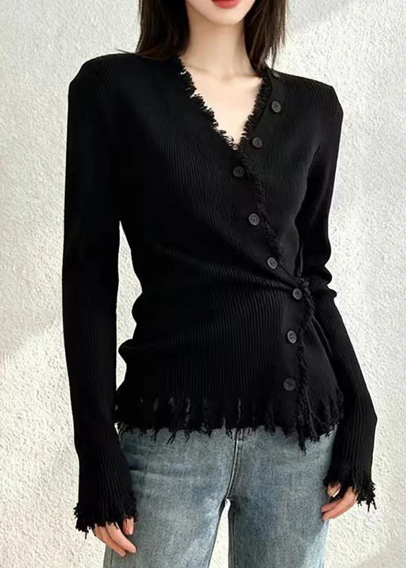 Sexy Coffee V Neck Button Cotton Knit Cardigans Spring - Image 2