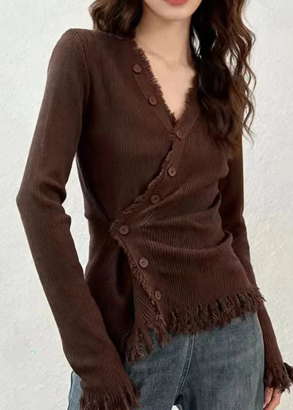 Sexy Coffee V Neck Button Cotton Knit Cardigans Spring - Image 5