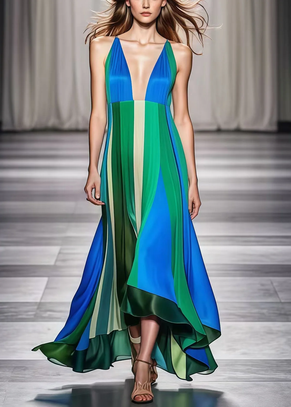 Sexy Colorblock V Neck Patchwork Exra Large Hem Silk Ankle Dress Summer - Image 3