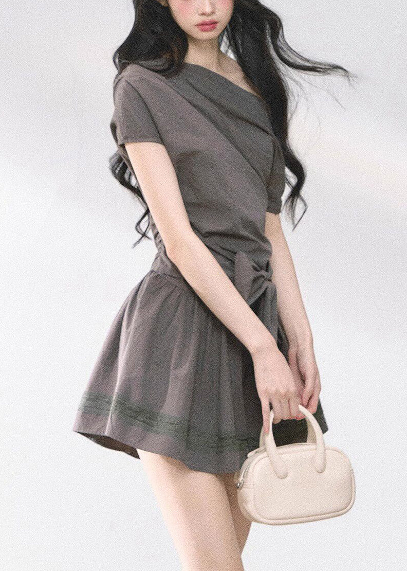 Sexy Dark Grey Asymmetrical One Shoulder Mid Dress Summer - Image 3