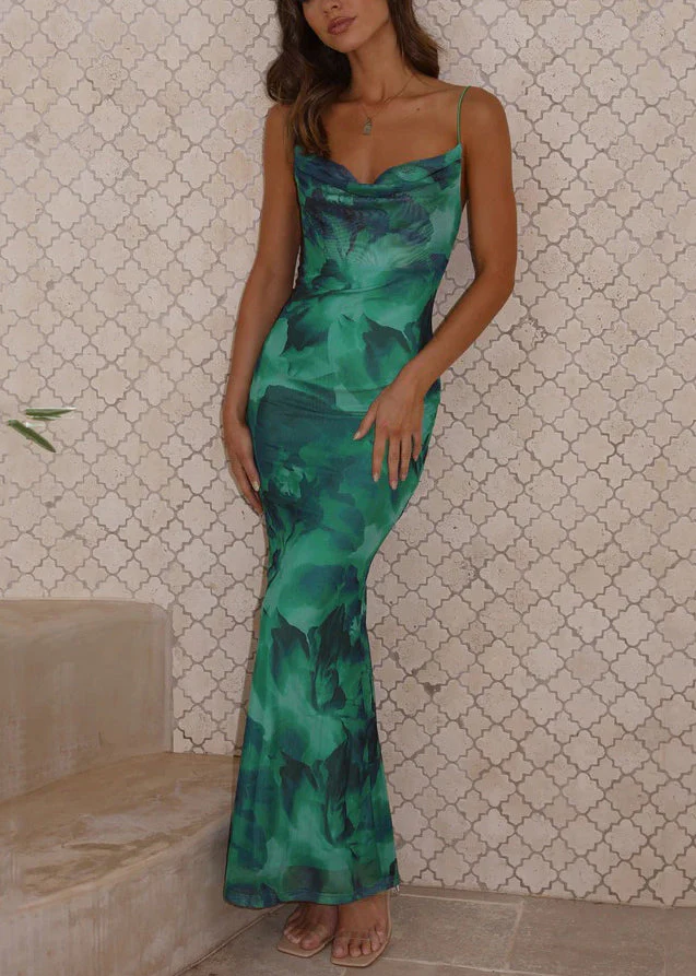 Sexy Green Backless Print Cotton Spaghetti Strap Dress Sleeveless - Image 2