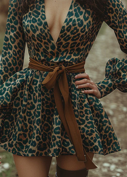 Sexy Green Leopard V Neck Print Cotton Mini Dress Lantern Sleeve - Image 4