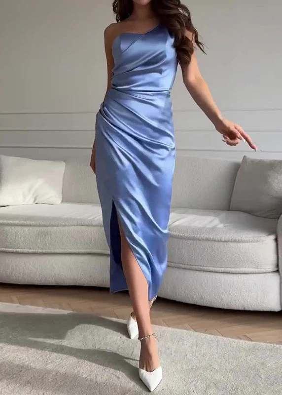 Sexy Green One Shoulder Side Open Slim Fit Silk Dress Sleeveless - Image 4