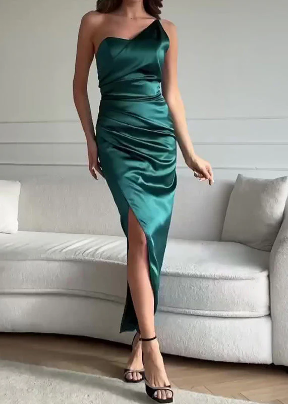 Sexy Green One Shoulder Side Open Slim Fit Silk Dress Sleeveless - Image 5