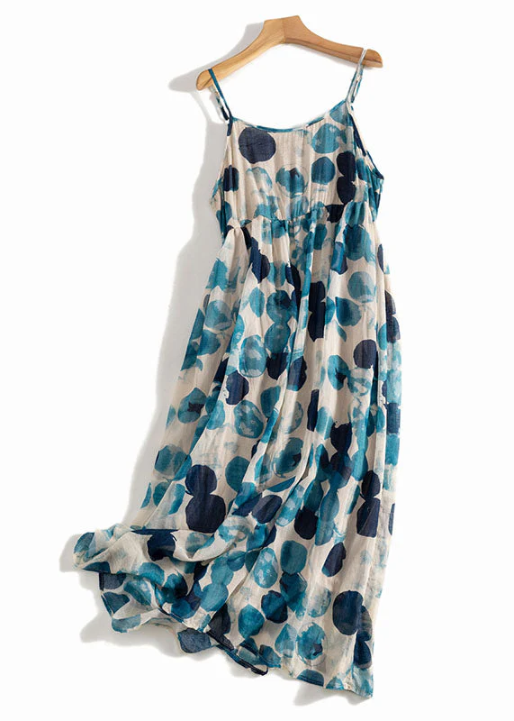 Sexy Green Tie Dye Dot Print Exra Large Hem Linen Spaghetti Strap Dress Summer - Image 2