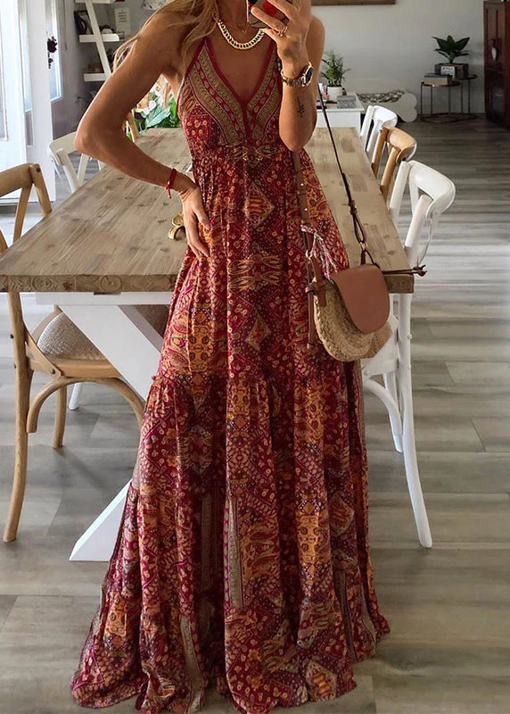 Sexy Green V Neck Print Holiday Long Spaghetti Strap Dress Sleeveless - Image 2