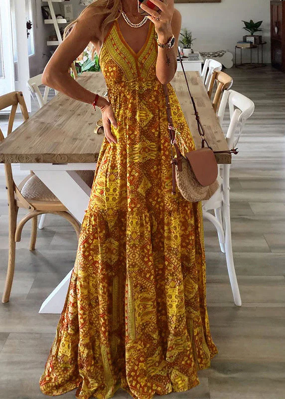 Sexy Green V Neck Print Holiday Long Spaghetti Strap Dress Sleeveless - Image 4