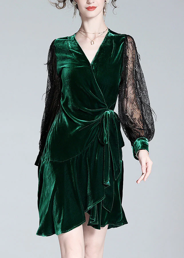 Sexy Green V Neck Tulle Patchwork Tie Waist Silk Velour Holiday Mid Dress Spring - Image 2