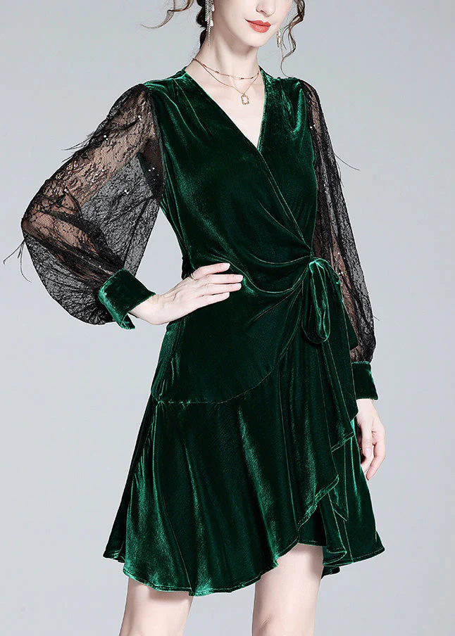 Sexy Green V Neck Tulle Patchwork Tie Waist Silk Velour Holiday Mid Dress Spring - Image 3