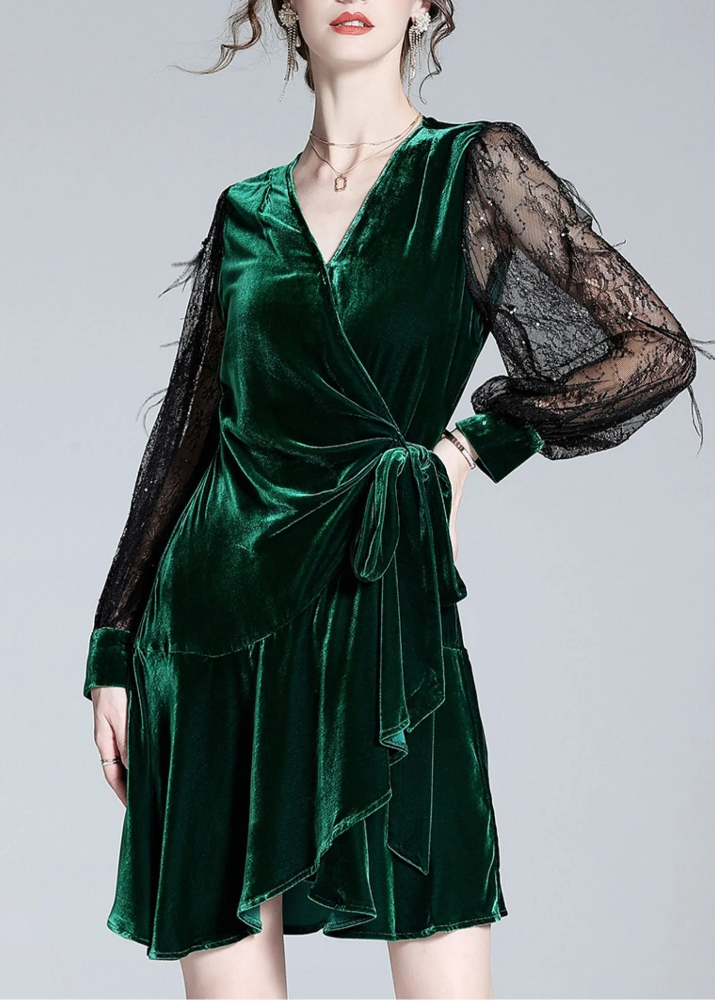 Sexy Green V Neck Tulle Patchwork Tie Waist Silk Velour Holiday Mid Dress Spring - Image 4