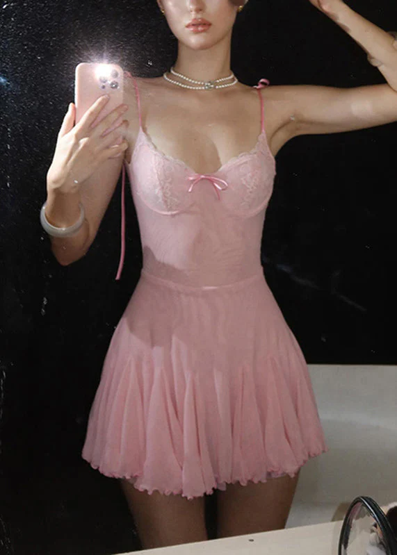 Sexy Pink Patchwork Tulle Mid Spaghetti Strap Dress Sleeveless - Image 3