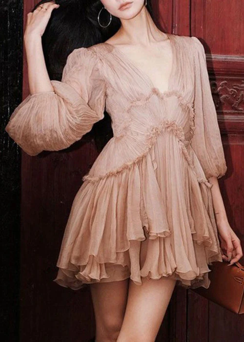 Sexy Pink Ruffled Lace Up Patchwork Chiffon Mid Dress Half Sleeve - Image 2