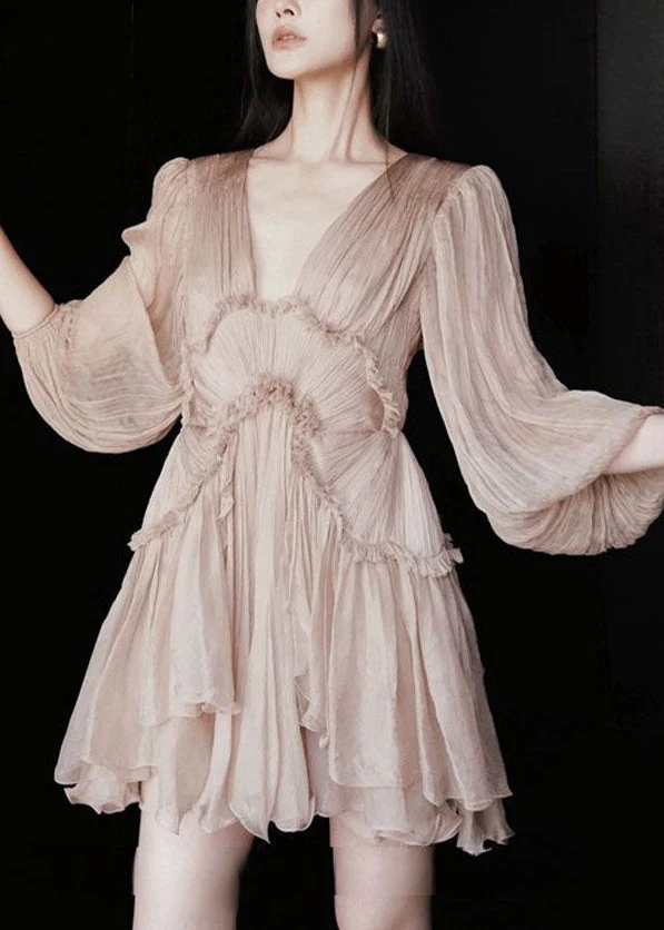 Sexy Pink Ruffled Lace Up Patchwork Chiffon Mid Dress Half Sleeve - Image 3