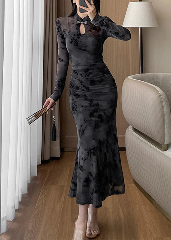 Sexy Purple Stand Collar Print Hollow Out Maxi Dress Fall - Image 4