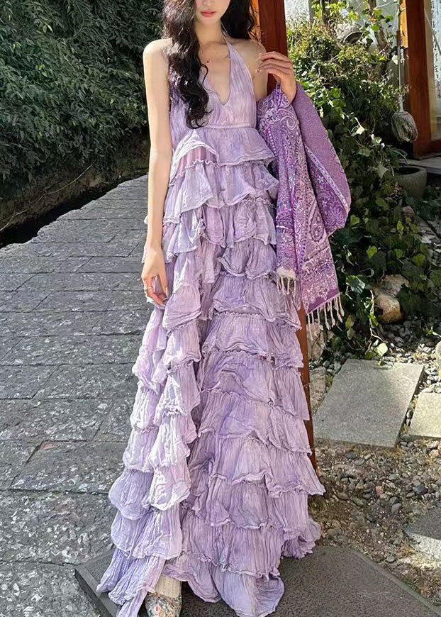 Sexy Purple V Neck Backless Cotton Maxi Dresses Sleeveless - Image 2