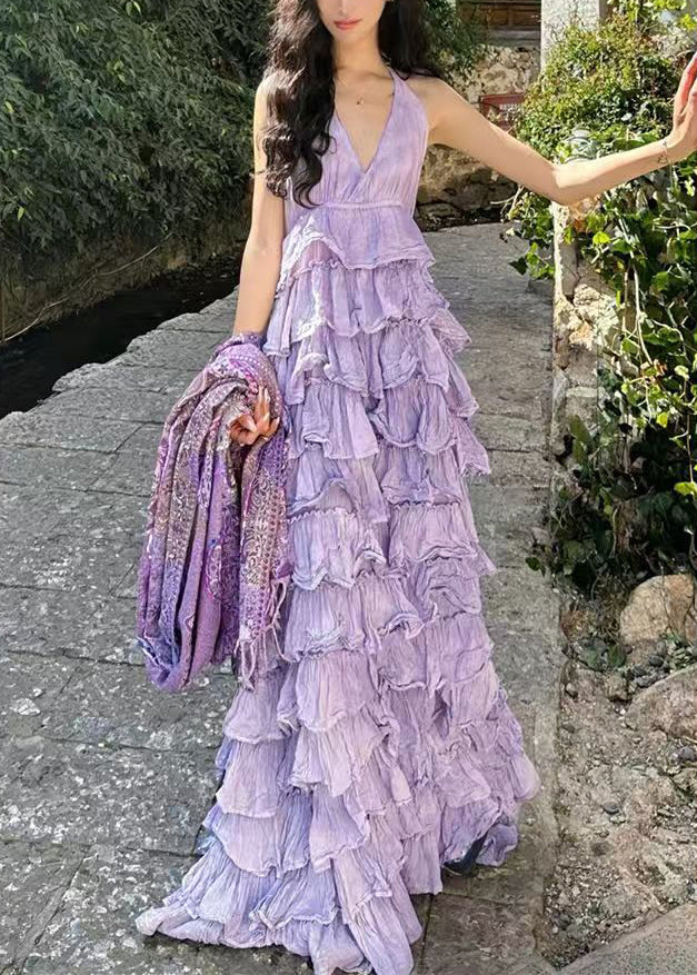 Sexy Purple V Neck Backless Cotton Maxi Dresses Sleeveless - Image 3