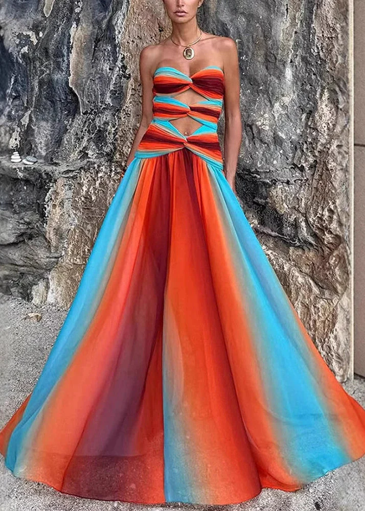 Sexy Rainbow Hollow Out Wrinkled Patchwork Cotton Vacation Dresses Sleeveless - Image 3