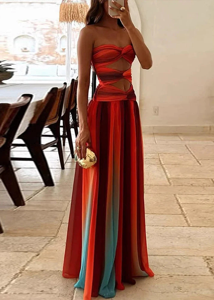 Sexy Rainbow Hollow Out Wrinkled Patchwork Cotton Vacation Dresses Sleeveless - Image 5