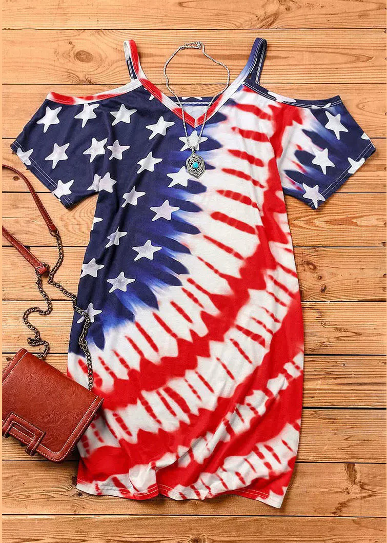Sexy Red Blue V Neck Independence Day Print Off The Shoulder Spaghetti Strap Mid Dress Short Sleeve - Image 3