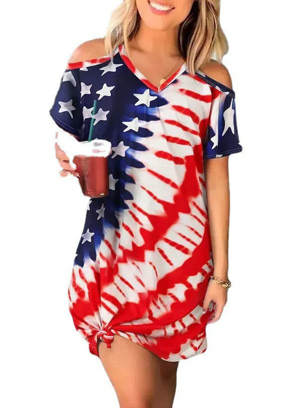 Sexy Red Blue V Neck Independence Day Print Off The Shoulder Spaghetti Strap Mid Dress Short Sleeve - Image 4
