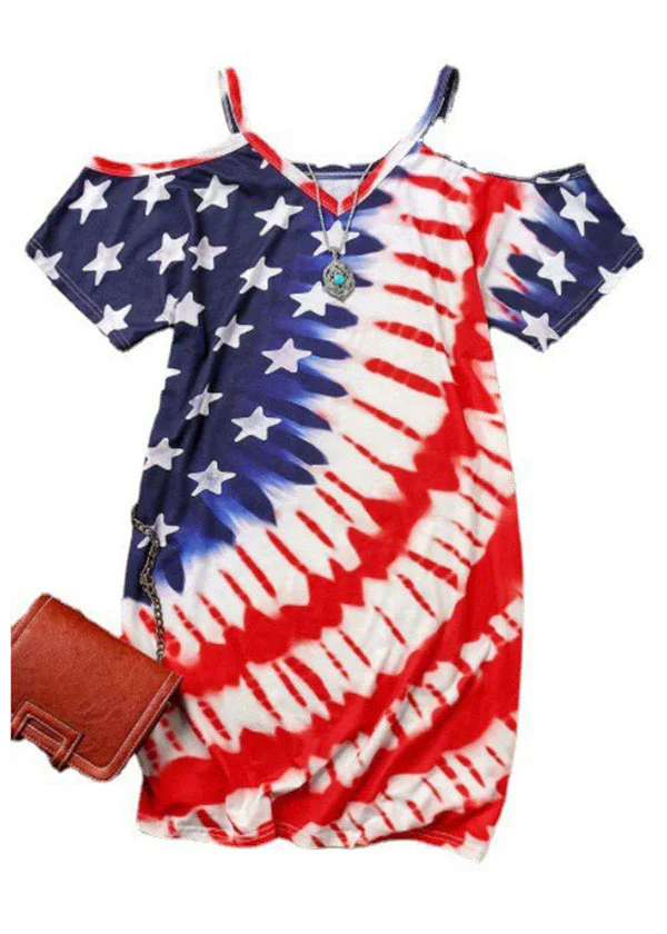 Sexy Red Blue V Neck Independence Day Print Off The Shoulder Spaghetti Strap Mid Dress Short Sleeve - Image 5