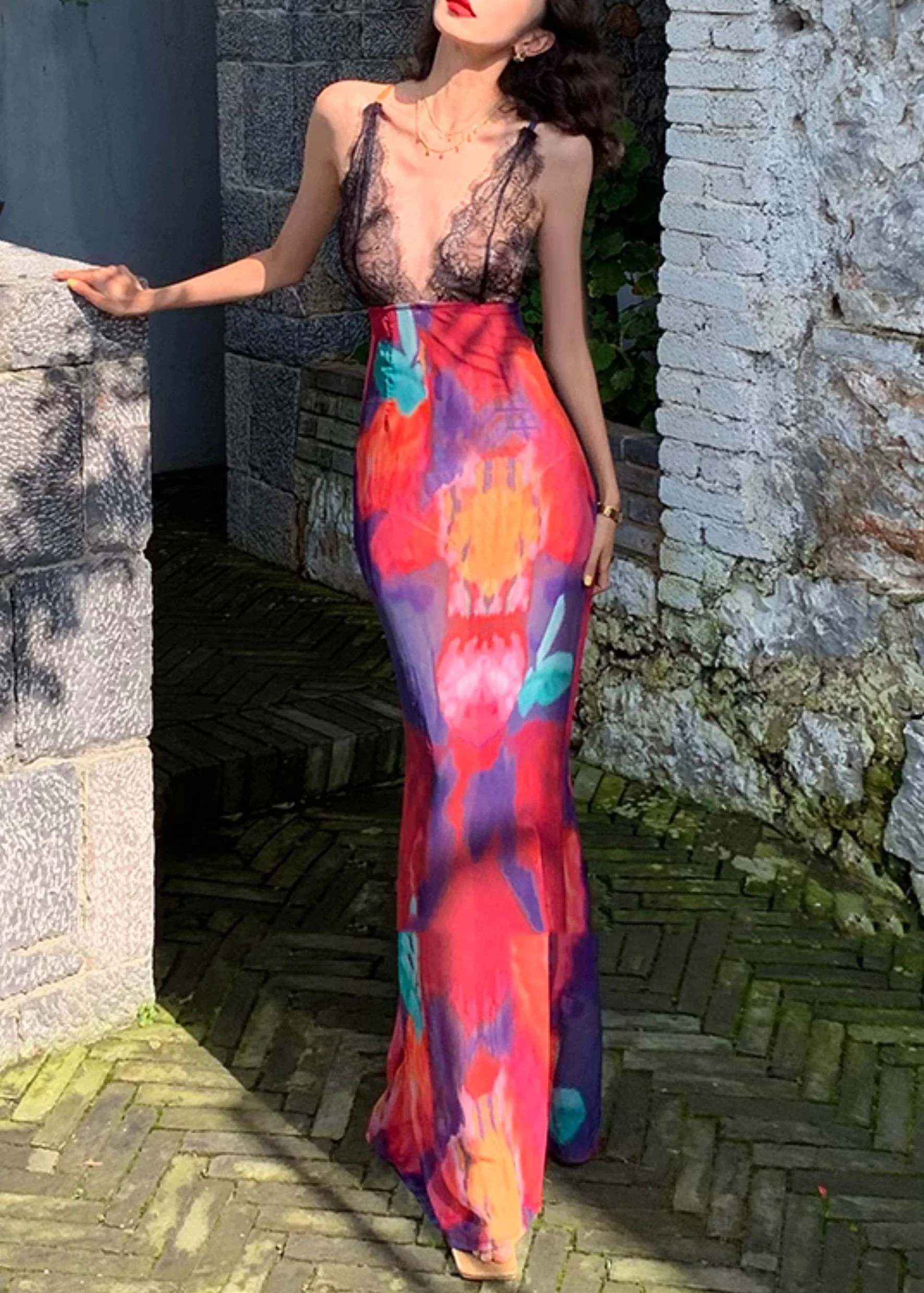 Sexy Red Lace Patchwork Long Spaghetti Strap Dress Summer - Image 2