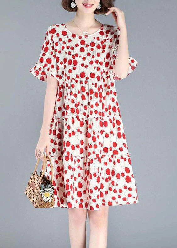 Sexy Red O-Neck Dot Print Wrinkled Mid Dresses Short Sleeve - Image 2